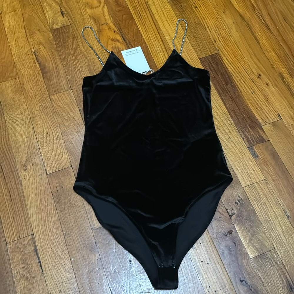 Velvet bodysuit with rhinestone strap